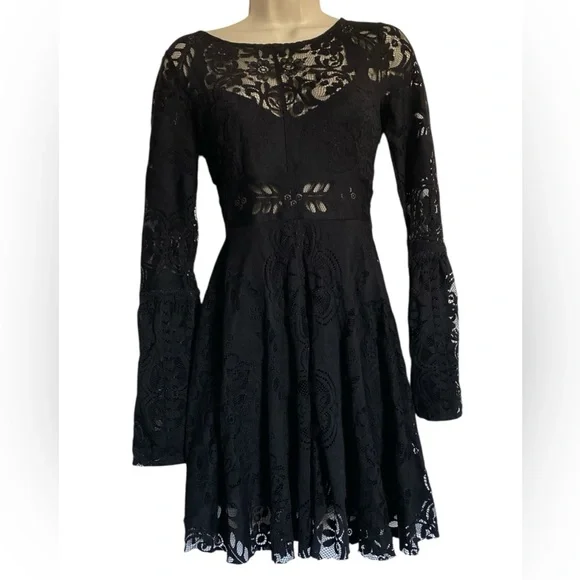 Free People Lover’s Folk Song Black Lace Mini Dress - Picture 2 of 6